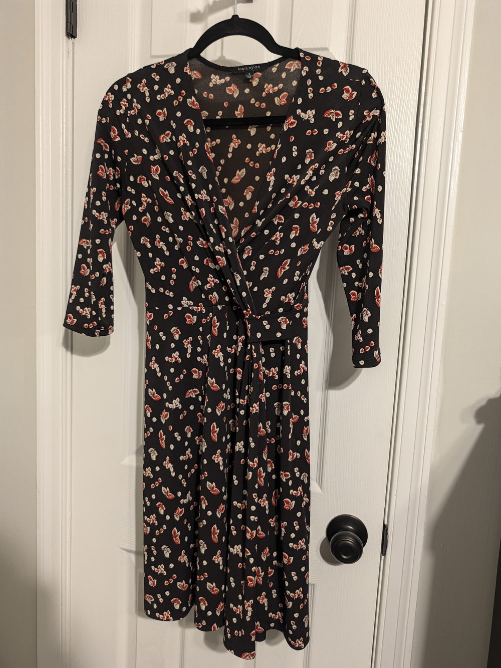 Black Floral Wrap Dress with Red Accents